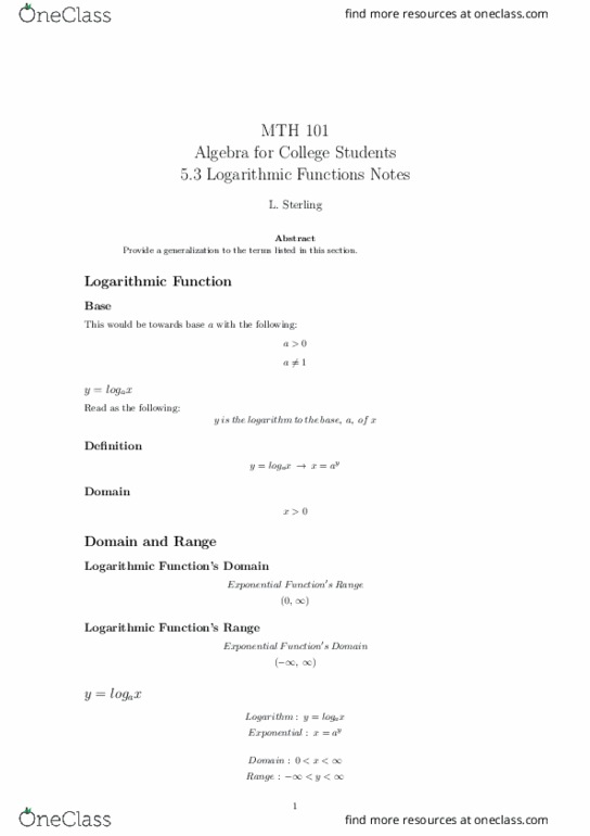 MTH 101 Lecture Notes - Lecture 23: Natural Logarithm, Real Number, Logarithm thumbnail