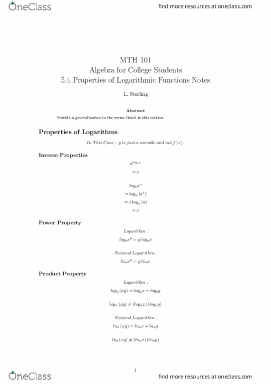 MTH 101 Lecture Notes - Lecture 24: Real Number, Natural Logarithm, Logarithm thumbnail