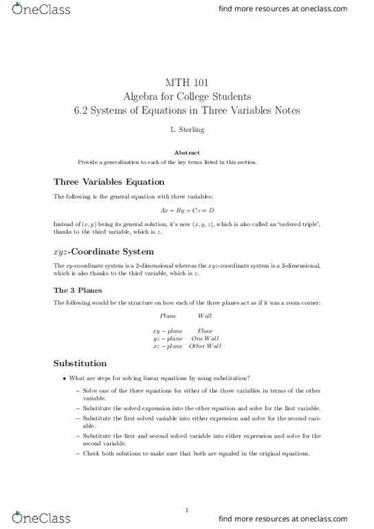 MTH 101 Lecture 28: 6.2 Systems of Equations in Three Variables Notes thumbnail