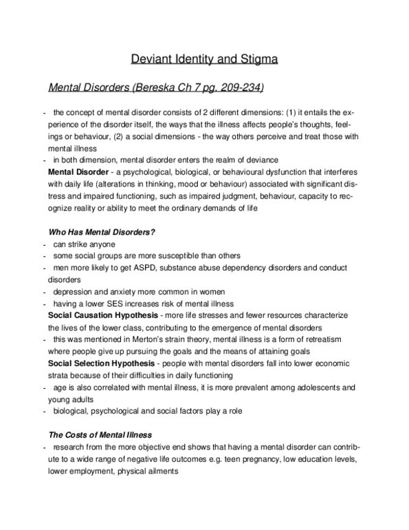 SOC 2070 Chapter Notes -Mental Disorder, Deinstitutionalisation, World Health Organization thumbnail