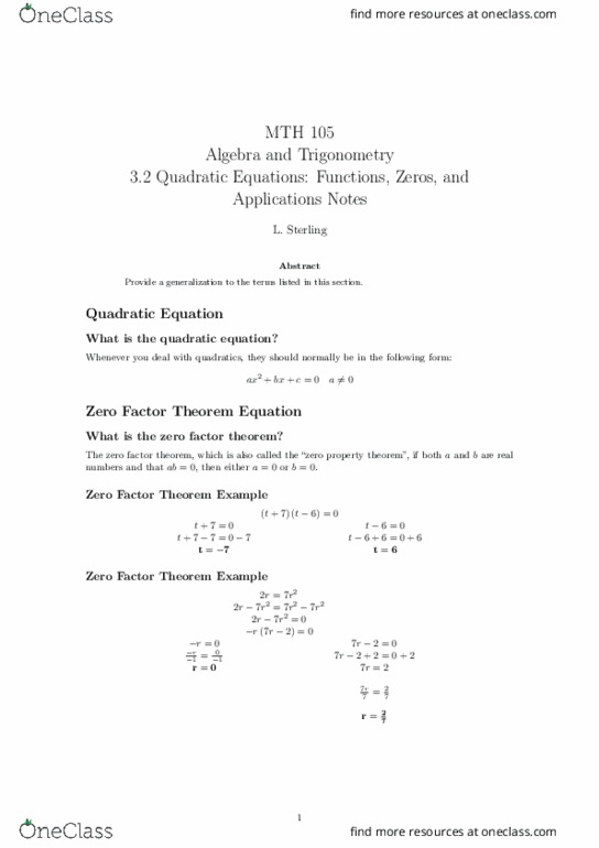 MTH 105 Lecture Notes - Lecture 5: Quadratic Formula thumbnail