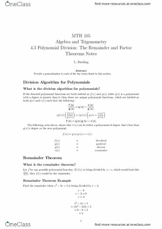 MTH 105 Lecture Notes - Lecture 9: Division Algorithm thumbnail