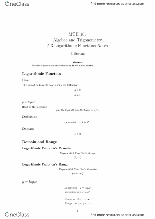MTH 105 Lecture Notes - Lecture 15: Real Number, Natural Logarithm, Logarithm thumbnail