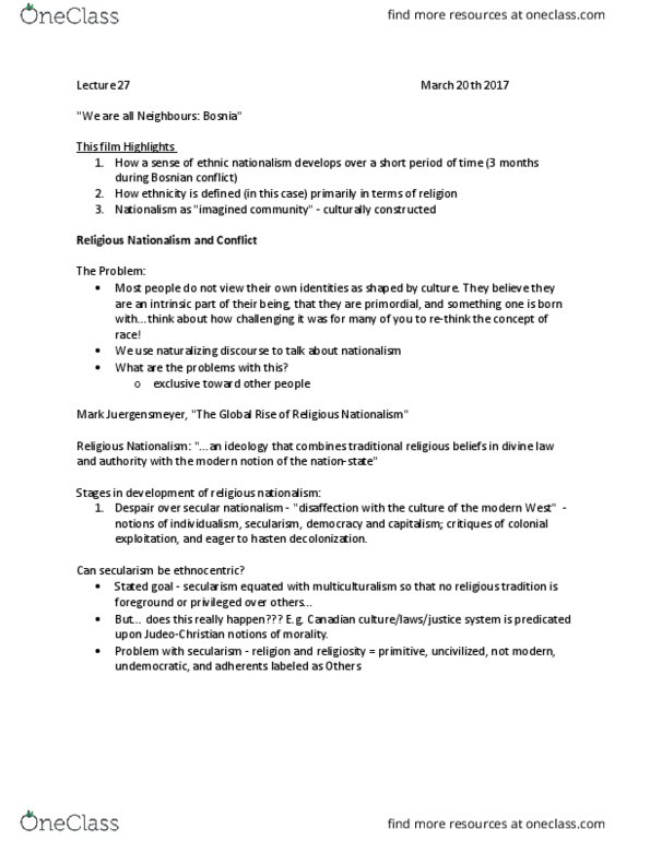 ANTHROP 1AB3 Lecture Notes - Lecture 27: Ethnocentrism, Mark Juergensmeyer, Religious Nationalism thumbnail
