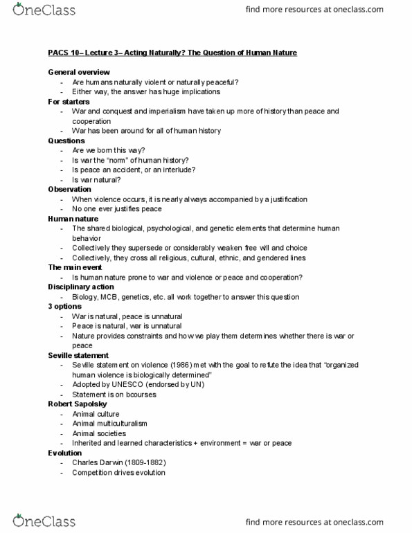 PACS 10 Lecture Notes - Lecture 3: Structural Violence, Margaret Mead, Sigmund Freud thumbnail