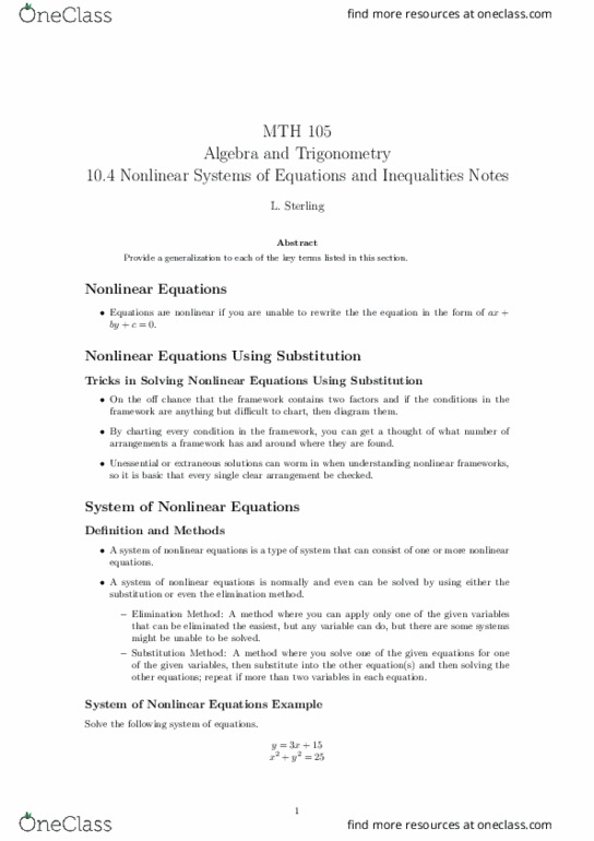 MTH 105 Lecture 25: 10.4 Nonlinear Systems of Equations and Inequalities Notes thumbnail