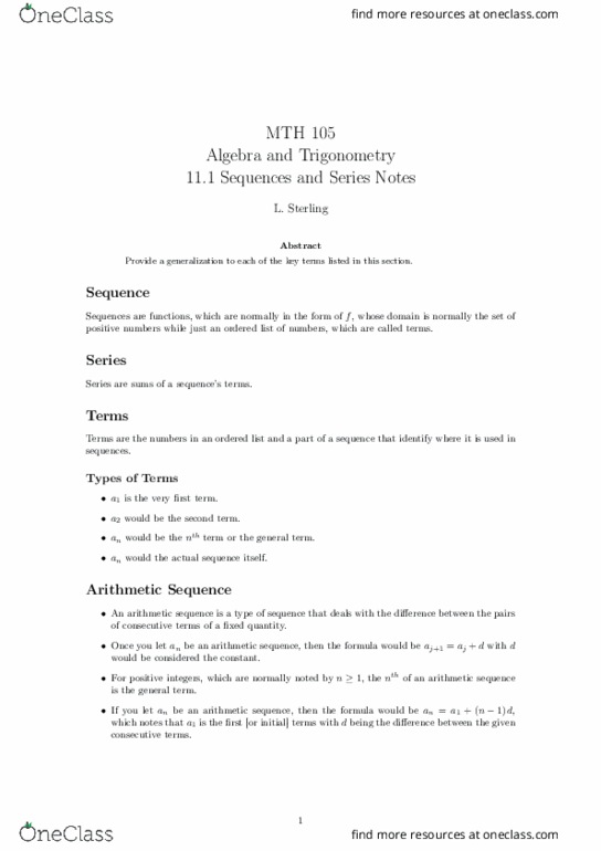 MTH 105 Lecture Notes - Lecture 26: Arithmetic Progression, Geometric Progression, Valun thumbnail