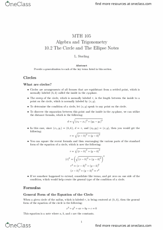 MTH 105 Lecture Notes - Lecture 23: Quadratic Equation, Unit Circle, Ellipse thumbnail