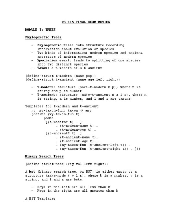 Cs115 Study Guide Winter 2009 Final Binary Search Tree Cs115 Study Guide Winter 2009 Final Binary Search Tree Phylogenetic General Service Corps