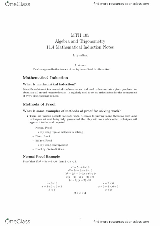 MTH 105 Lecture Notes - Lecture 29: Counterexample, Mathematical Induction, Contraposition thumbnail