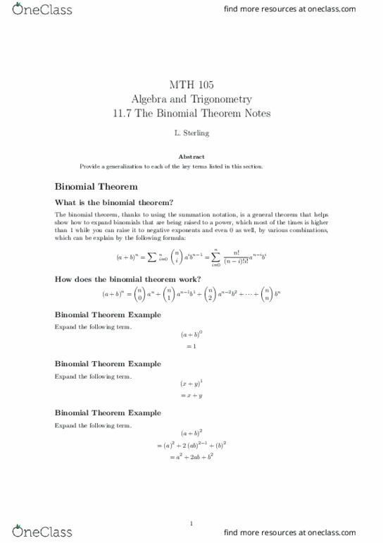 MTH 105 Lecture Notes - Lecture 30: Binomial Theorem thumbnail