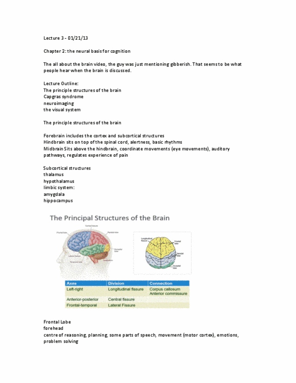PSY100H1 Lecture Notes - Lecture 3: Capgras Delusion, Frontal Lobe, Temporal Lobe thumbnail