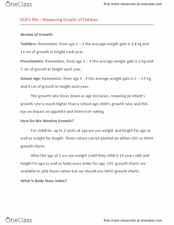NU FS356 Lecture Notes - Lecture 11: Body Mass Index, Underweight thumbnail