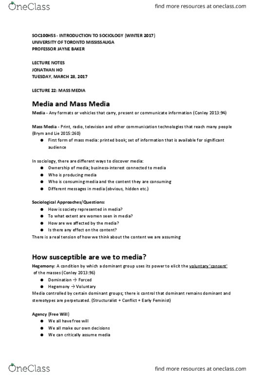 SOC100H5 Lecture Notes - Lecture 22: Nicki Minaj, Natural Disaster, University Of Toronto Mississauga thumbnail