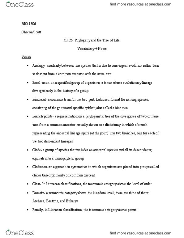BIO 1306 Chapter Notes - Chapter 26: Carl Linnaeus, Horizontal Gene Transfer, Branch Point thumbnail