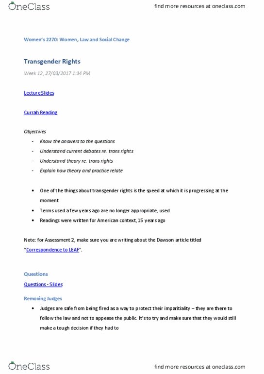 Women's Studies 2270A/B Lecture Notes - Lecture 10: Therapeutic Abortion Committee, Ontario Human Rights Code, Trans Woman thumbnail