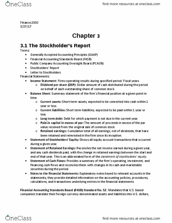 FIN 2800 Chapter Notes - Chapter 3: Financial Ratio, Financial Accounting Standards Board, Accounts Payable thumbnail