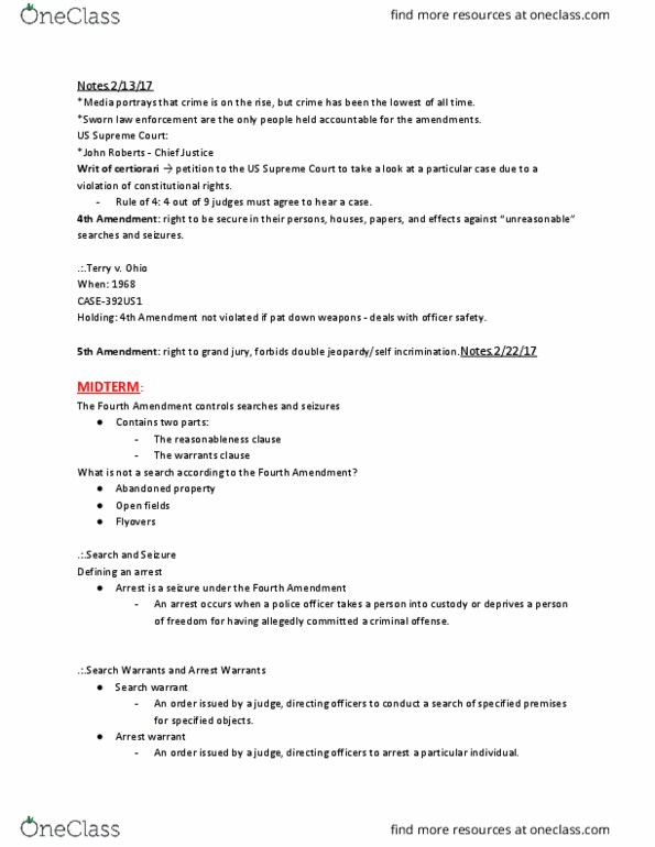 01:920:222 Lecture Notes - Lecture 4: Hot Pursuit, Exclusionary Rule, Arrest Warrant thumbnail