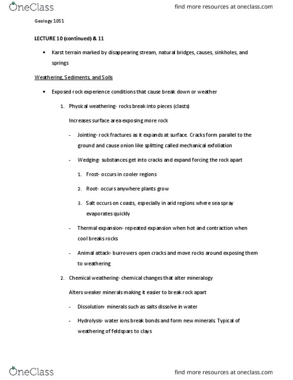 GSCI 1051 Lecture Notes - Lecture 11: Mafic, Hydrolysis, Weathering thumbnail