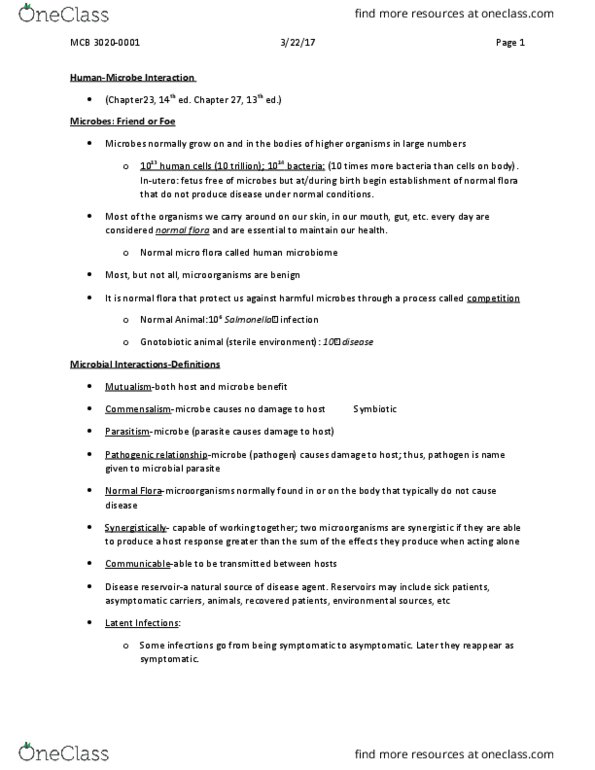 MCB 3020C Lecture Notes - Lecture 29: Opportunistic Infection, Mary Mallon, Human Microbiota thumbnail