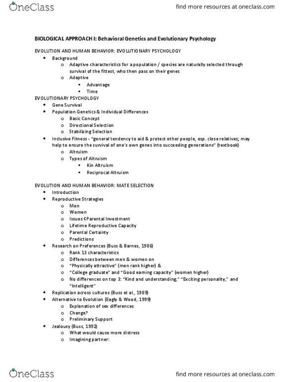 PSY 321 Lecture Notes - Lecture 8: David Buss, Evolution And Human Behavior, Population Genetics thumbnail