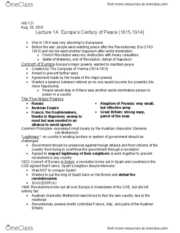 HIS 121 Lecture Notes - Lecture 1: Industrial Revolution, First Geneva Convention, Norman Angell thumbnail