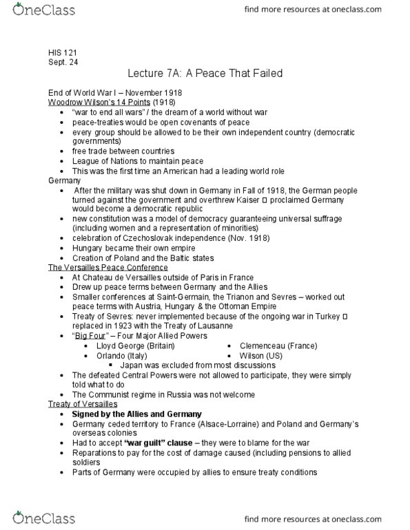 HIS 121 Lecture Notes - Lecture 7: David Lloyd George, Article 231 Of The Treaty Of Versailles, Jallianwala Bagh Massacre thumbnail
