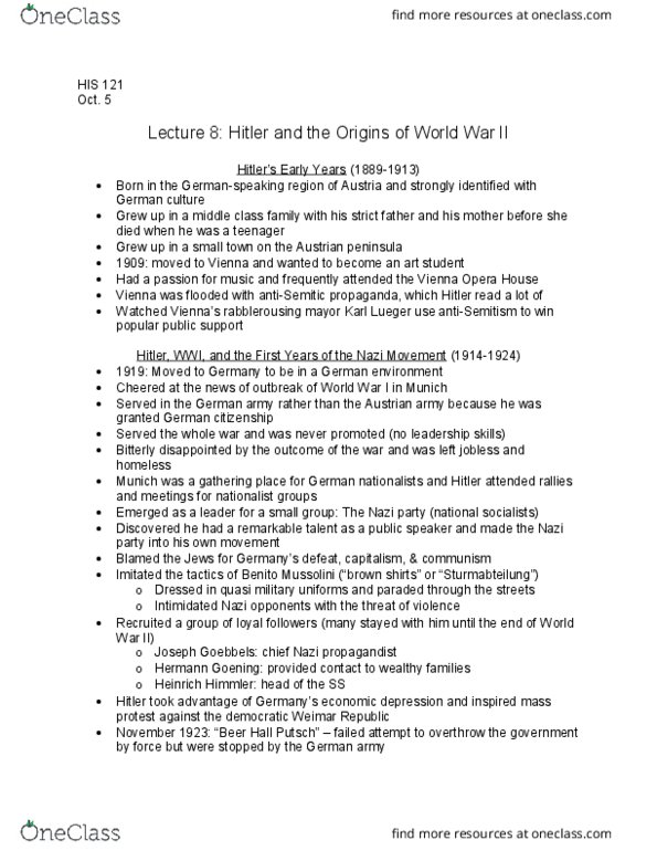 HIS 121 Lecture Notes - Lecture 8: Anschluss, Nazi Concentration Camps, Gleichschaltung thumbnail