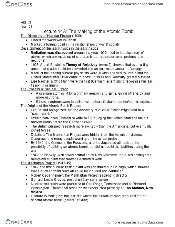 HIS 121 Lecture Notes - Lecture 14: Fat Man, Plutonium, Nuclear Fission thumbnail