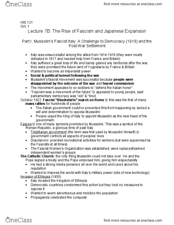 HIS 121 Lecture Notes - Lecture 7: Osachi Hamaguchi, Jiro Horikoshi, Mukden Incident thumbnail