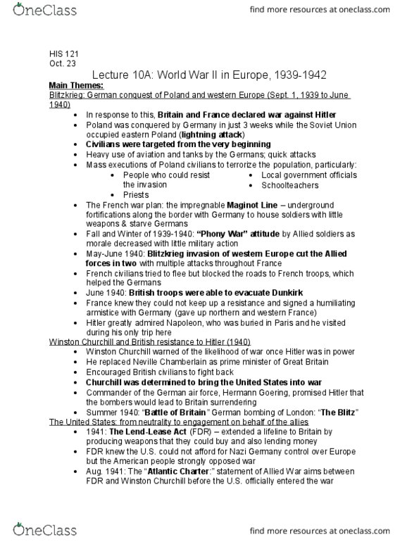 HIS 121 Lecture Notes - Lecture 10: Atlantic Charter, Vichy France, Captive Nations thumbnail