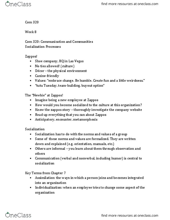 COM 320 Lecture Notes - Lecture 8: Ingroups And Outgroups, Organizational Culture, Zappos thumbnail