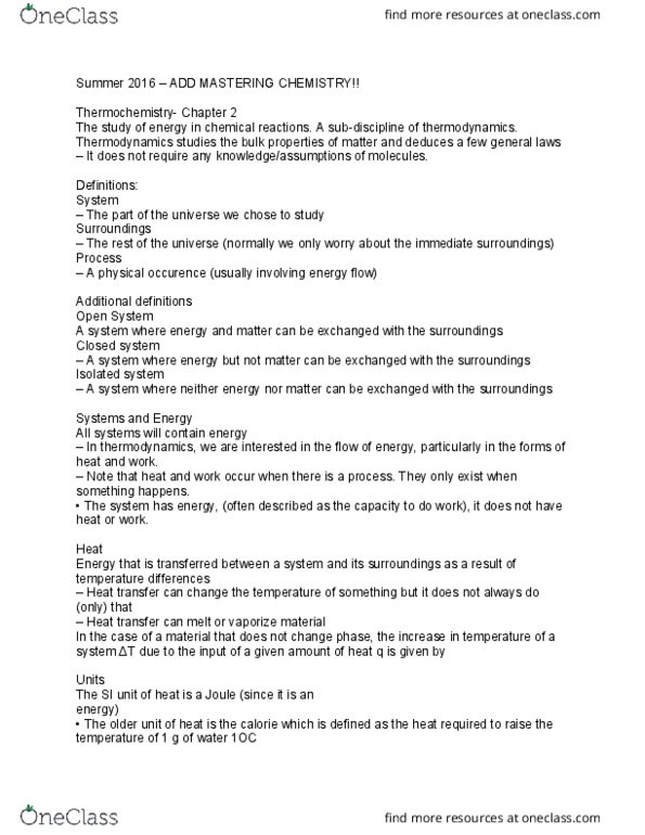 CHEM 1000 Chapter Notes - Chapter 2: Thermodynamics, Isolated System, Heat Transfer thumbnail