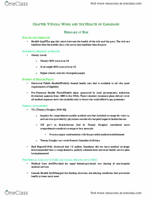 Social Work 1022A/B Chapter Notes - Chapter 9: Retrovirus, Health Care Reform, Health Promotion thumbnail