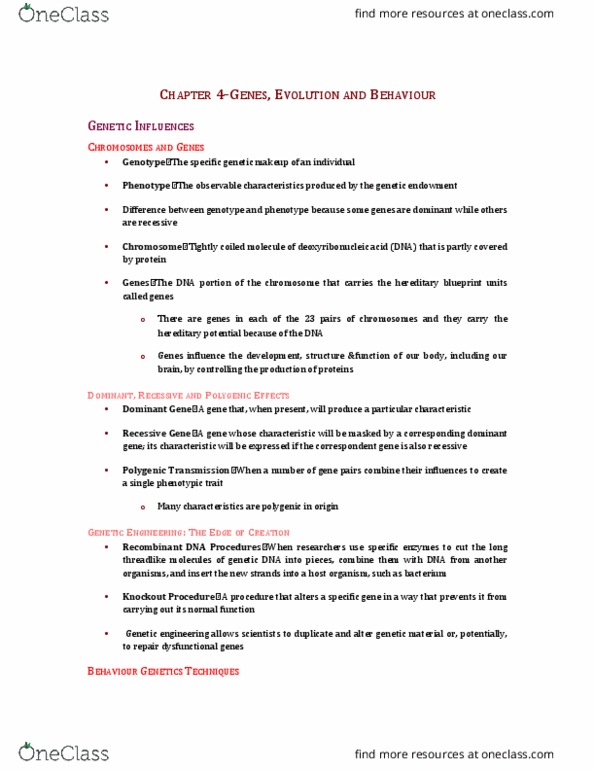 Psychology 1000 Chapter Notes - Chapter 4: Behavioural Genetics, Chromosome, Phenotypic Trait thumbnail