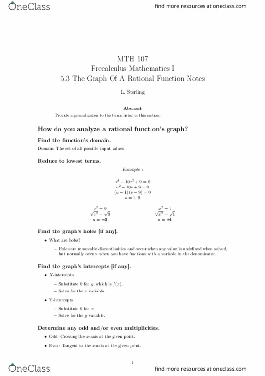 MTH 107 Lecture Notes - Lecture 10: Precalculus thumbnail