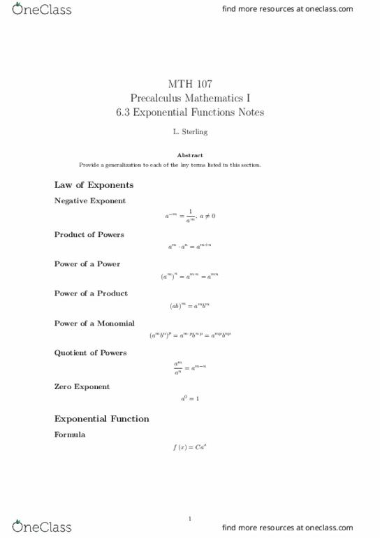 MTH 107 Lecture Notes - Lecture 15: Exponentiation, Monomial, Real Number thumbnail