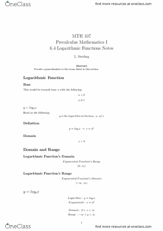 MTH 107 Lecture Notes - Lecture 16: Logarithm, Precalculus, Natural Logarithm thumbnail