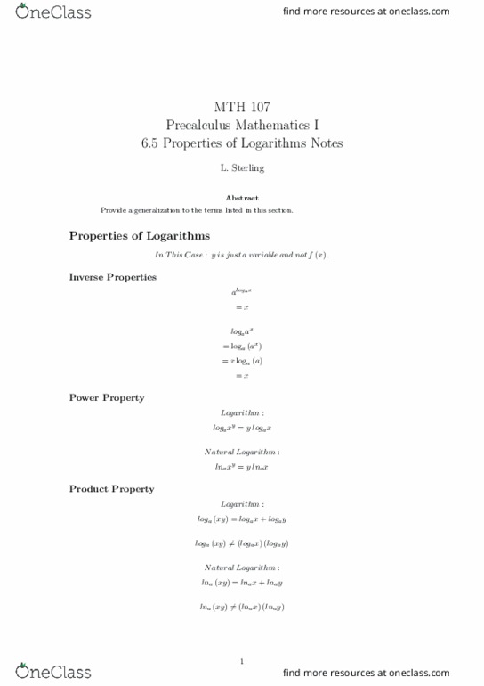 MTH 107 Lecture Notes - Lecture 17: Natural Logarithm, Logarithm, Precalculus thumbnail