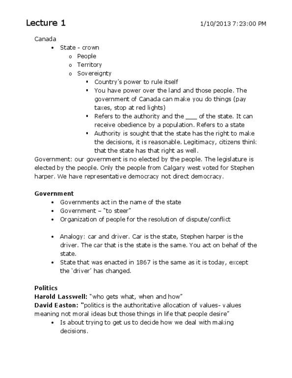 POLS 2300 Lecture Notes - Harold Lasswell, David Easton, State Crown thumbnail