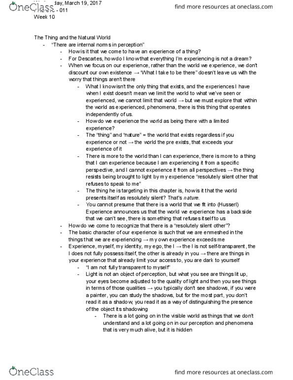 PHL 513 Lecture Notes - Lecture 10: Edmund Husserl, Solipsism, Retina thumbnail