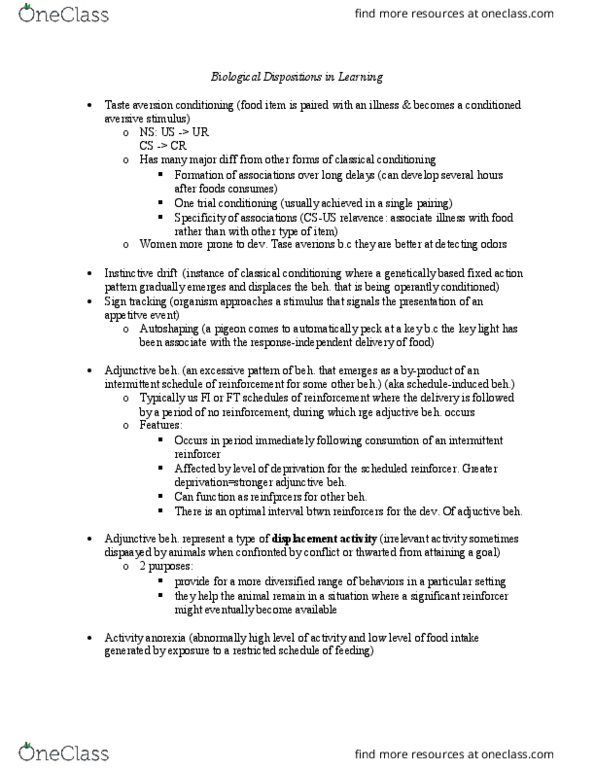 PSYC 2600H Chapter Notes - Chapter 12: Displacement Activity, Fixed Action Pattern, Conditioned Taste Aversion thumbnail