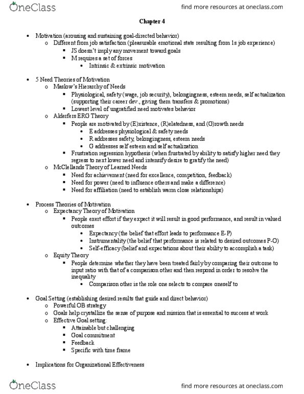 ADMN 2220H Chapter Notes - Chapter 4: Motivation, Job Satisfaction, Goal Setting thumbnail