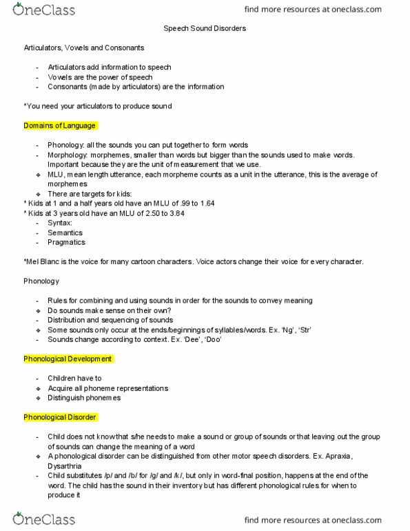 SLHS 1150 Lecture Notes - Lecture 9: Otitis Media, Apraxia, Dysarthria thumbnail