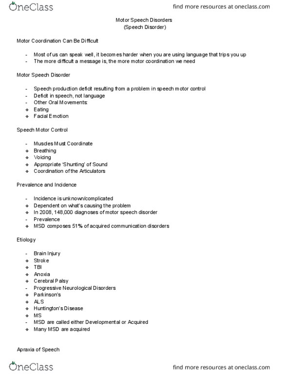 SLHS 1150 Lecture Notes - Lecture 15: Etiology, Motor Speech Disorders, Speech Production thumbnail