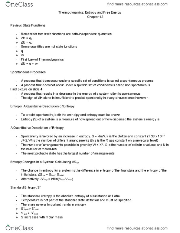 CHEM 1125Q Lecture Notes - Lecture 5: Boltzmann Constant, Spontaneous Process, Gas Constant thumbnail