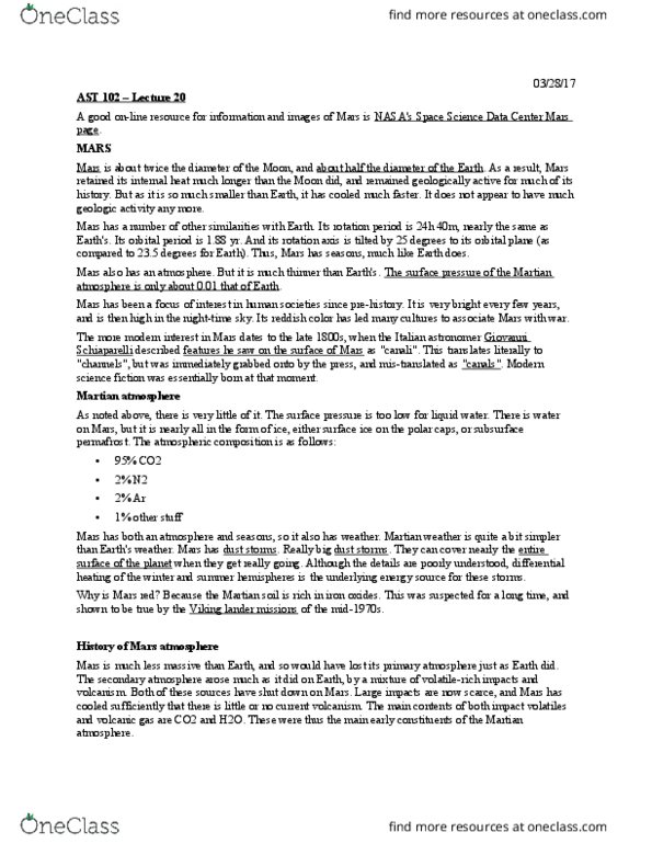 AST 102 Lecture Notes - Lecture 20: Mariner 4, Permafrost, 600 Miles thumbnail