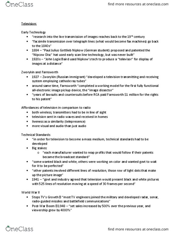 CCS 200 Lecture Notes - Lecture 13: Dumont Television Network, John Logie Baird, Telepresence thumbnail