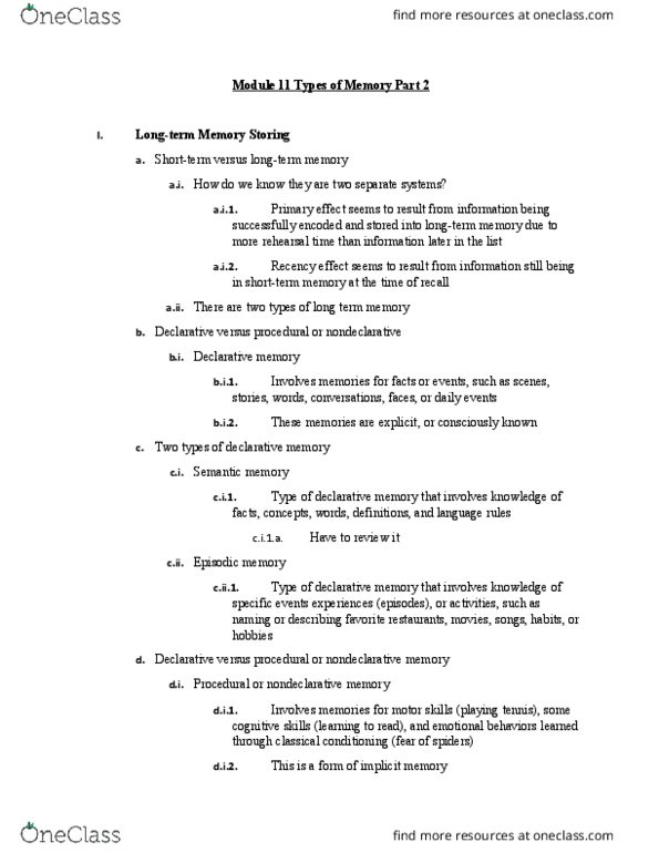 PS 101 Lecture Notes - Lecture 22: Episodic Memory, Semantic Memory, Long-Term Memory thumbnail