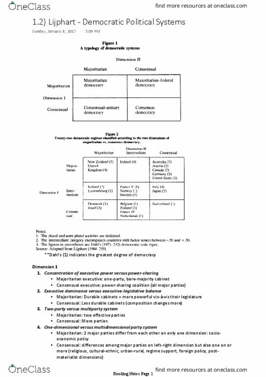 POLI 212 Lecture Notes - Lecture 3: Consensus Democracy, Consociationalism, Unicameralism thumbnail